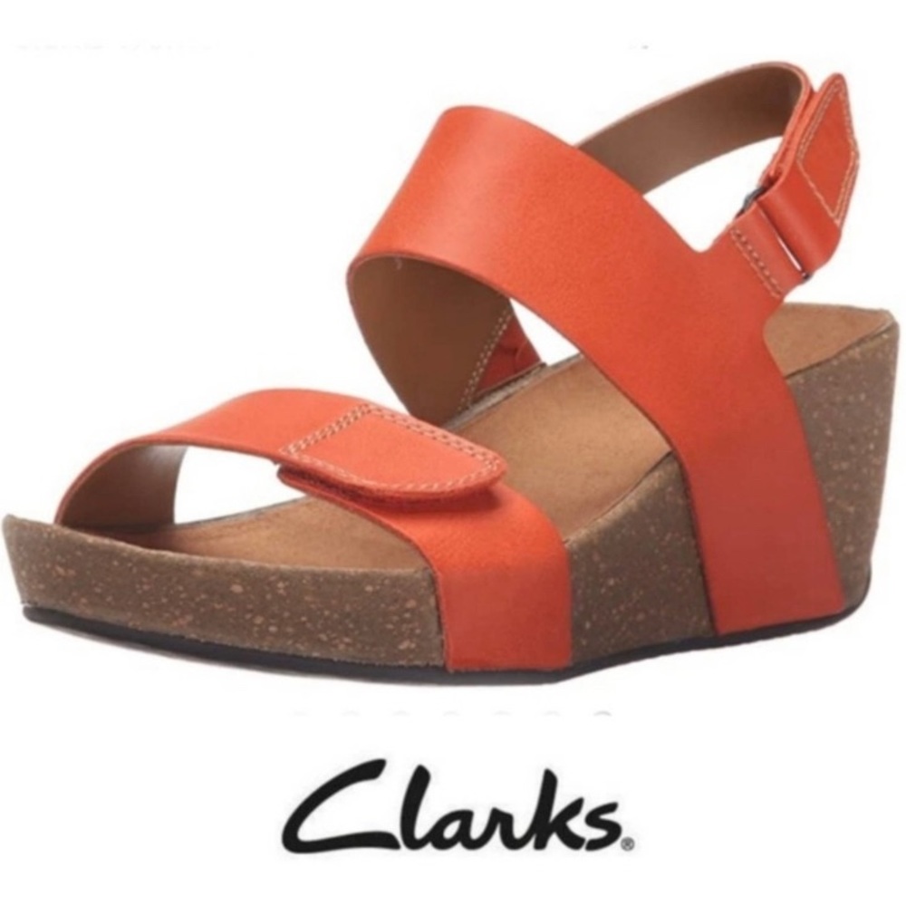 Clarks Collection Aurelie Fin Platform Wedge Velcro sandal Shoes Orange Sz 8.5
